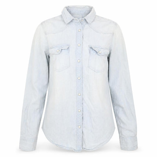 Front view of Hollister women’s blue basic button-up, size XS