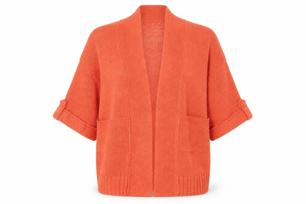 Front view of Evie women’s orange cape jumper, size UK 12