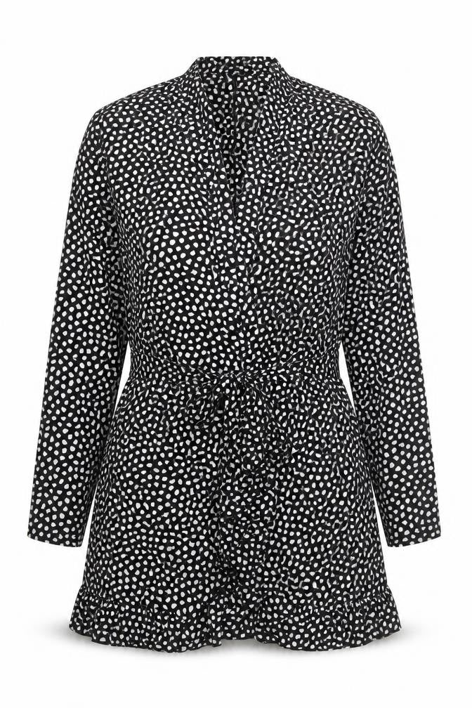 Front view of Misspap women’s black polka dot kimono blouse, size UK 8