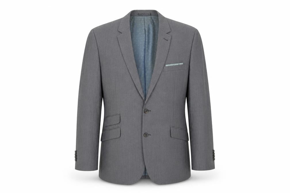 Front view of Greenwoods men’s grey jacket suit, size 42