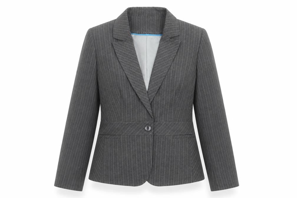 Front view of shopdirect women’s grey striped jacket suit jacket, size UK 16