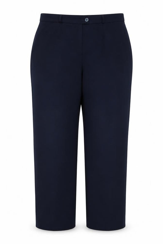 Front view of DELMOD women’s blue trousers, size UK 18, 27-inch leg