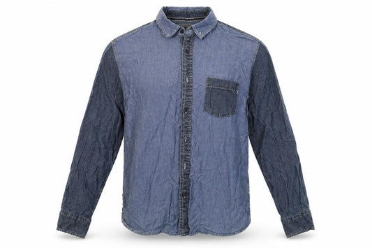Front view of Easy men’s blue button-up, size L
