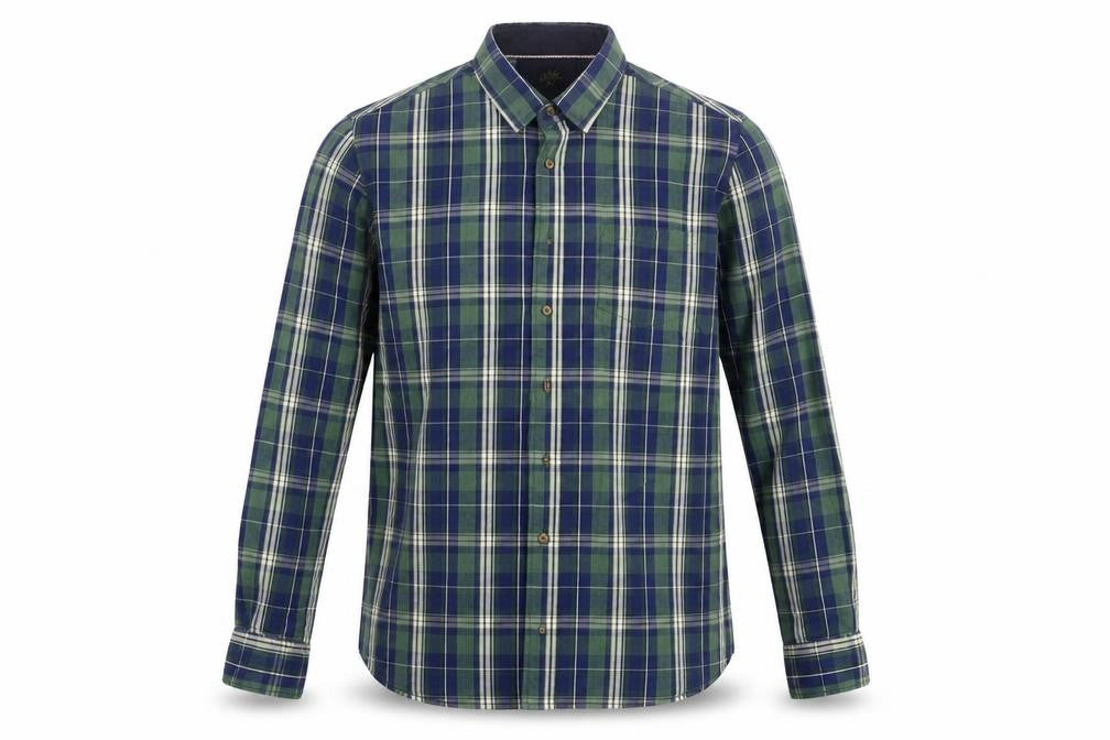 Front view of Easy men’s green check button-up, size M