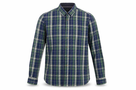Front view of Easy men’s green check button-up, size M