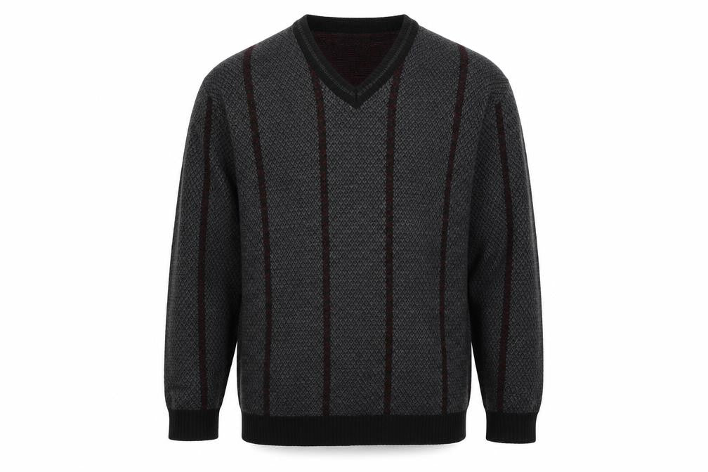 Front view of CIRCA men’s grey striped jumper, size L