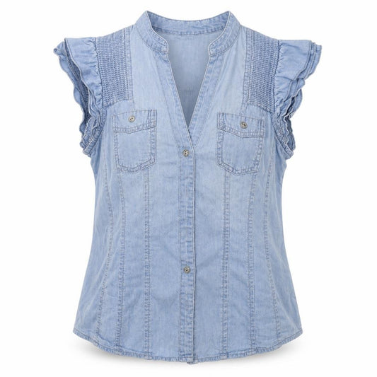 Front view of Be Beau women’s blue basic button-up, size UK 8
