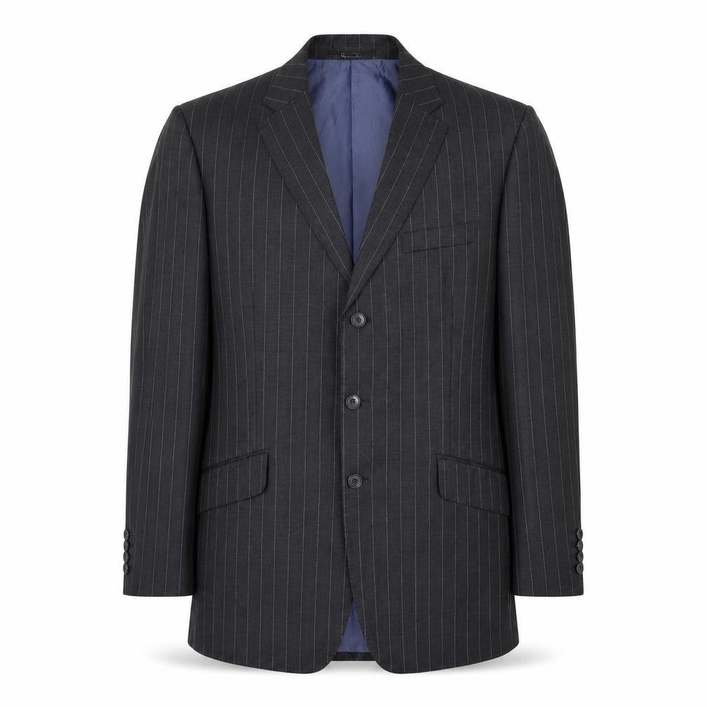 Front view of Samuel Windsor men’s grey striped jacket suit jacket, size 40