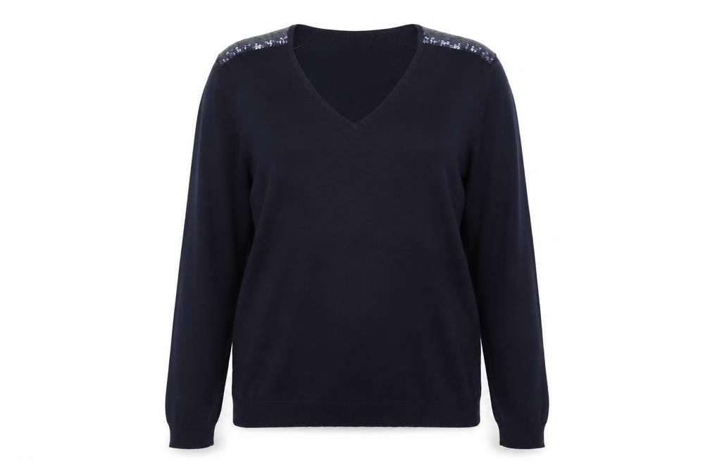Front view of R Edition women’s blue jumper, size UK 18