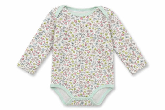 Front view of Preworn girls’ multicoloured floral jersey babygrow one-piece, size 6-9, months