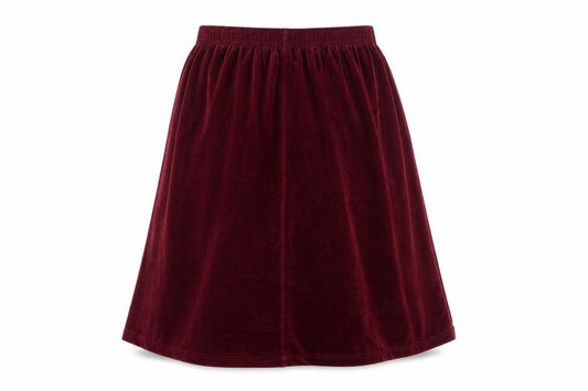 Front view of Damart women’s red velour flare skirt, size UK 30, in