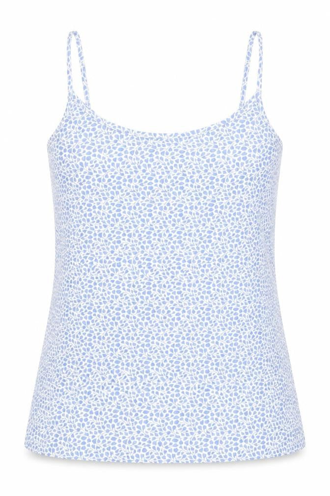 Front view of Marks & Spencer women’s blue floral basic tank, size UK 10