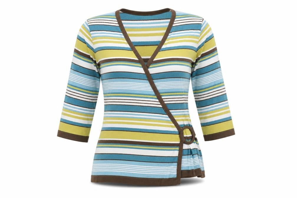 Front view of alex&co women’s multicoloured striped jumper, size UK 12