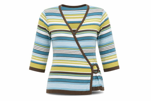Front view of alex&co women’s multicoloured striped jumper, size UK 12