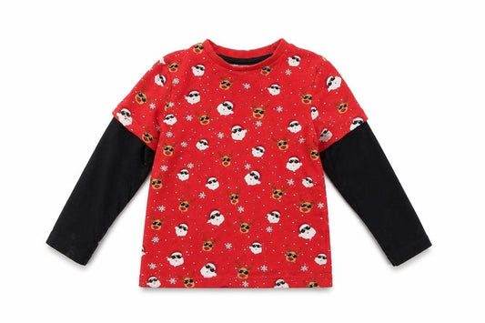 Front view of F&F girls’ red solid top pyjama top, size 4-5, years - christmas santa reindeer
