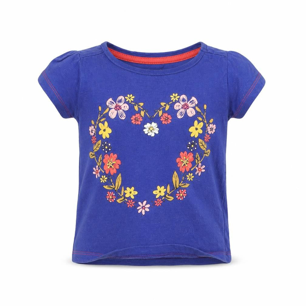 Front view of Nutmeg boys’ blue floral basic t-shirt, size 2-3, years - heart