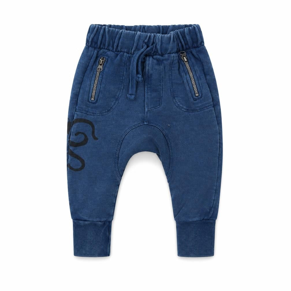 Front view of Mini Club boys’ blue jogger trousers, size 9, months