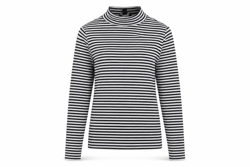 Front view of New Look women’s black striped pullover sweatshirt, size UK 12