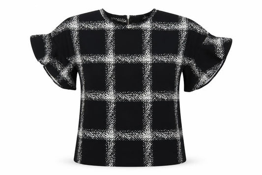 Front view of F&F women’s black check basic blouse, size UK 6