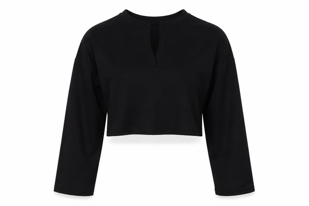 Front view of Boohoo women’s black cropped blouse, size UK 14
