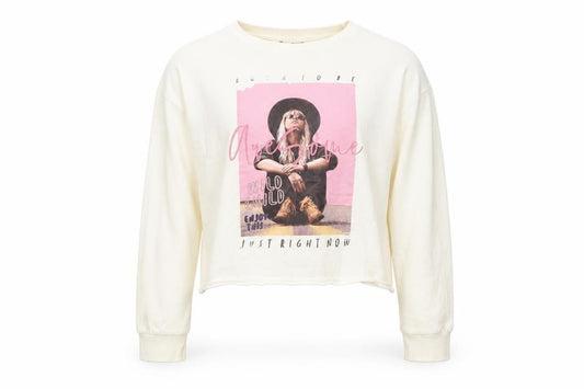 Front view of Destination girls’ white pullover sweatshirt, size 13-14, years