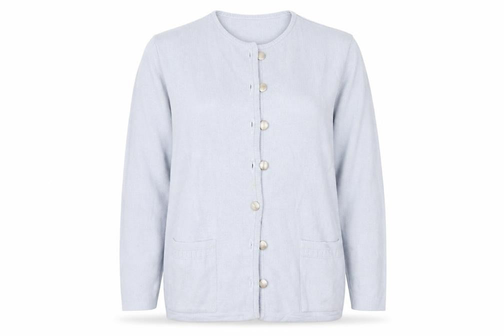Front view of CANDA women’s blue cardigan jumper, size M