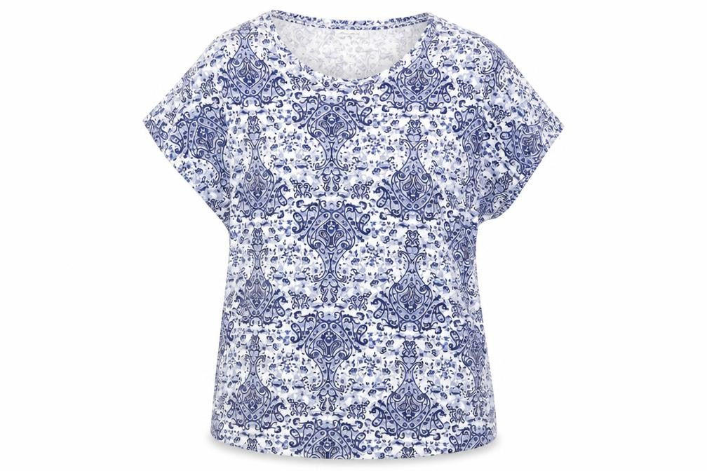 Front view of Miss Milla women’s blue paisley basic blouse, size L