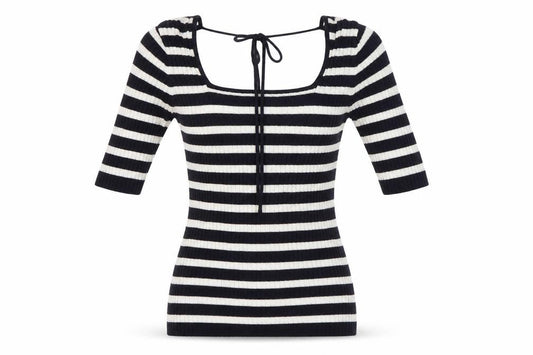 Front view of Next women’s blue striped basic blouse, size UK 10