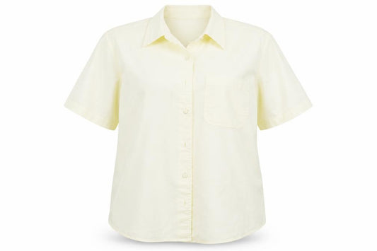 Front view of Damart women’s yellow basic button-up, size UK 14