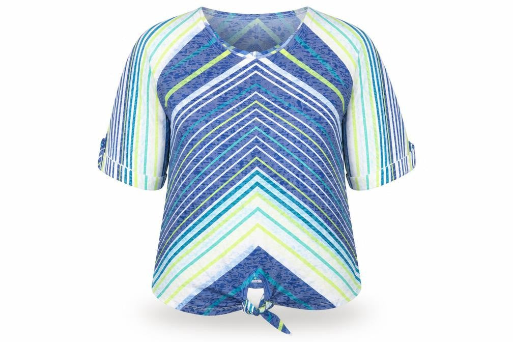 Front view of Just Elegance women’s multicoloured striped basic t-shirt, size L, - tie front