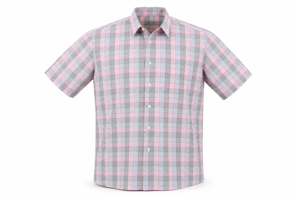 Front view of Santana men’s pink plaid button-up, size M