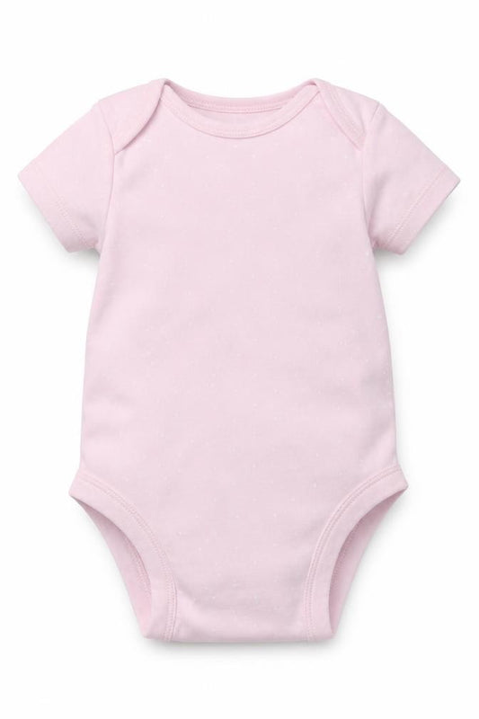 Front view of Pure Baby girls’ pink polka dot babygrow one-piece, size 3-6, months
