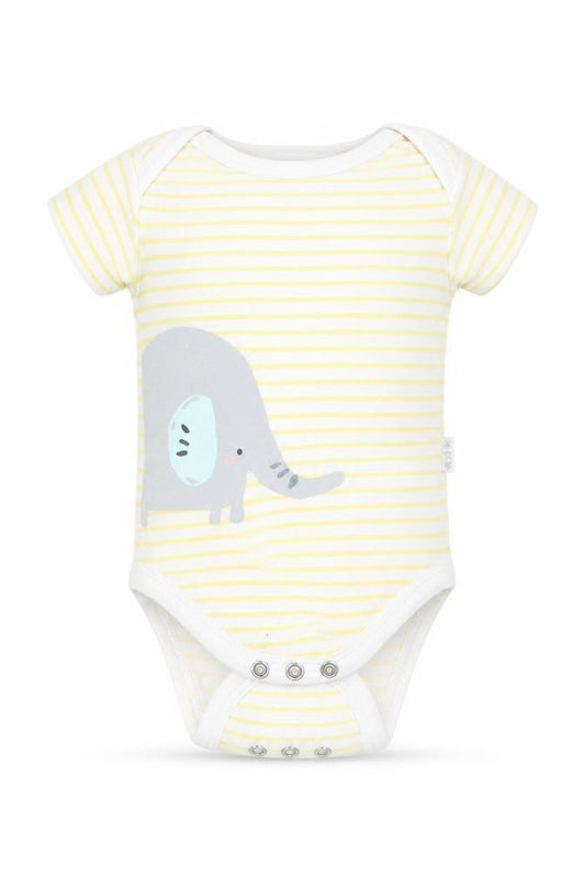 Front view of Watch Me Grow Baby Yellow Striped Babygrow One-Piece, size 0-3, Months
