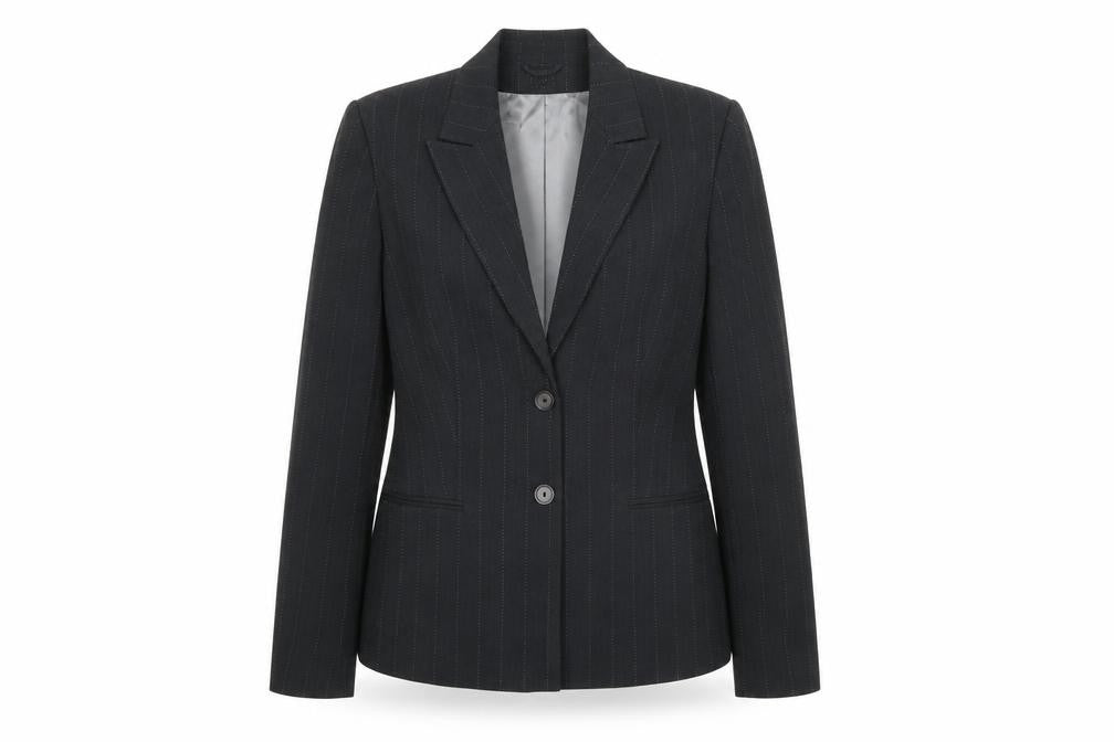 Front view of Collection women’s grey striped jacket blazer, size UK 14