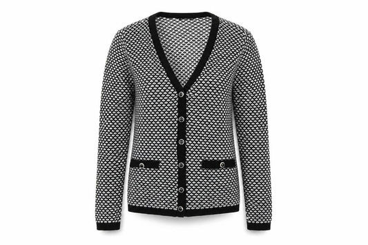 Front view of Bonmarché women’s multicoloured geometric cardigan jumper, size S