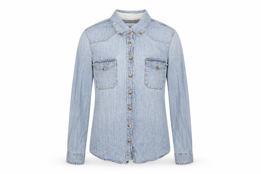 Front view of H&M women’s blue basic button-up, size UK 6
