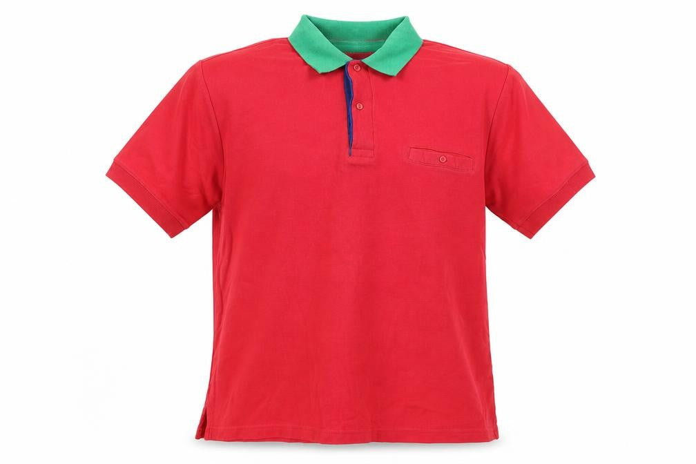 Front view of Samuel Sykes men’s red polo, size M