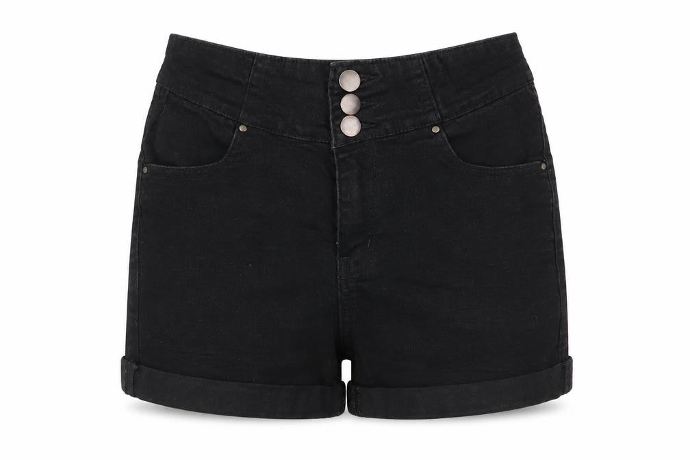 Front view of Select women’s black hot pants shorts, size UK 6