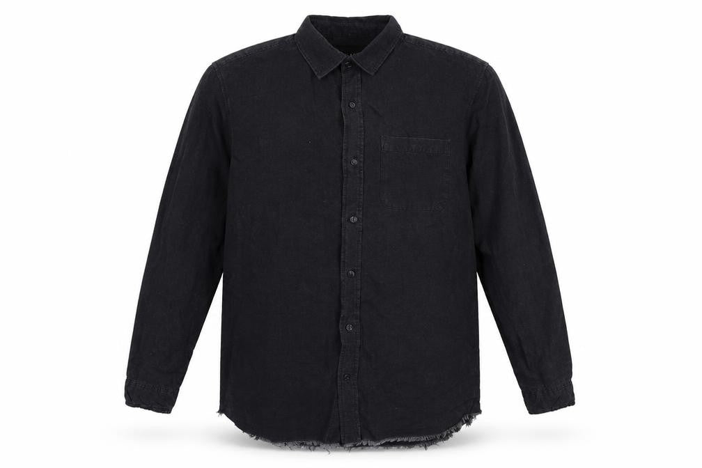 Front view of Among Essentials men’s blue denim button-up, size L