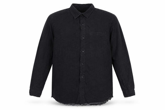 Front view of Among Essentials men’s blue denim button-up, size L