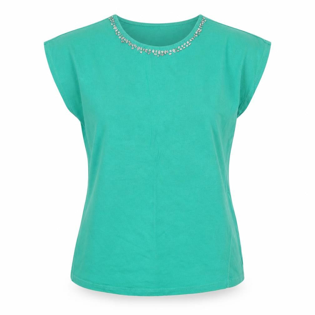 Front view of LOVE TEES women’s green basic t-shirt, size UK 10