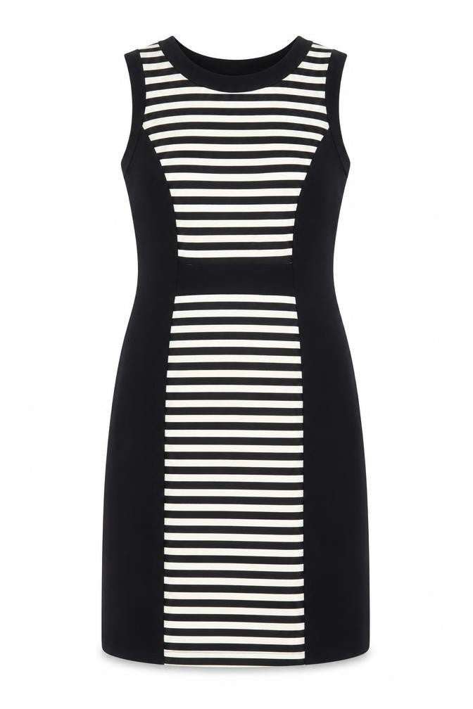 Front view of Kaleidoscope women’s black striped shift, size UK 12