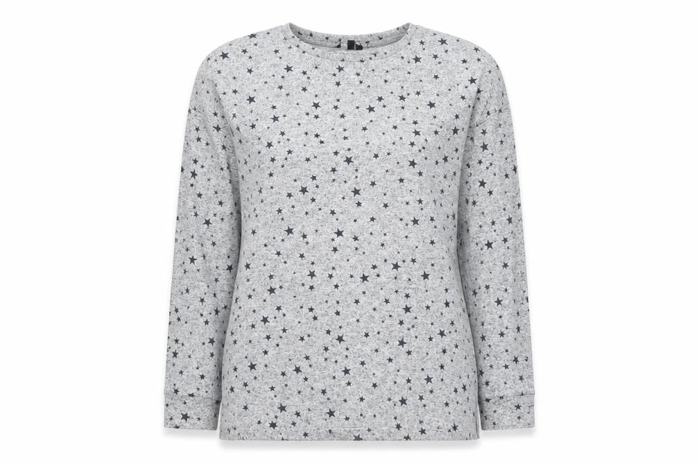Front view of Peacocks women’s grey geometric knit jumper, size UK 10, - star pattern
