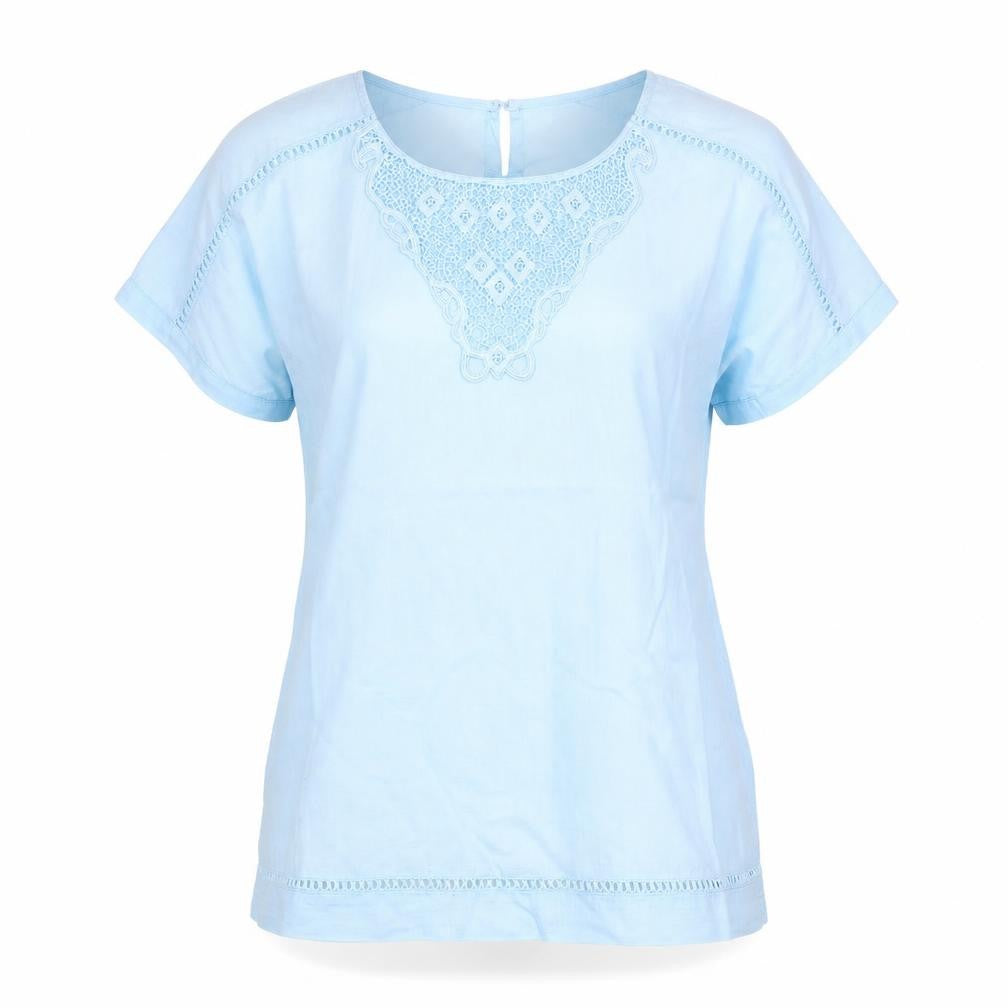 Front view of Marks & Spencer women’s blue basic blouse, size UK 8, - embroidered detail
