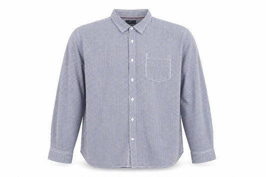 Front view of Easy men’s blue check button-up, size 2XL