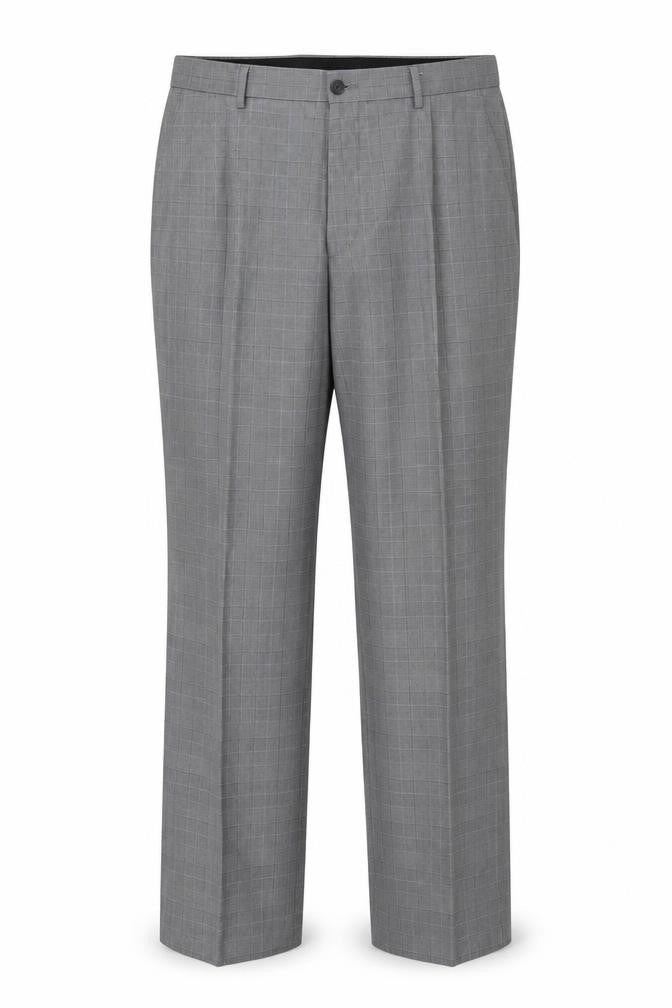 Front view of Taylor & Wright men’s grey check trousers, size 34, in, 28-inch leg