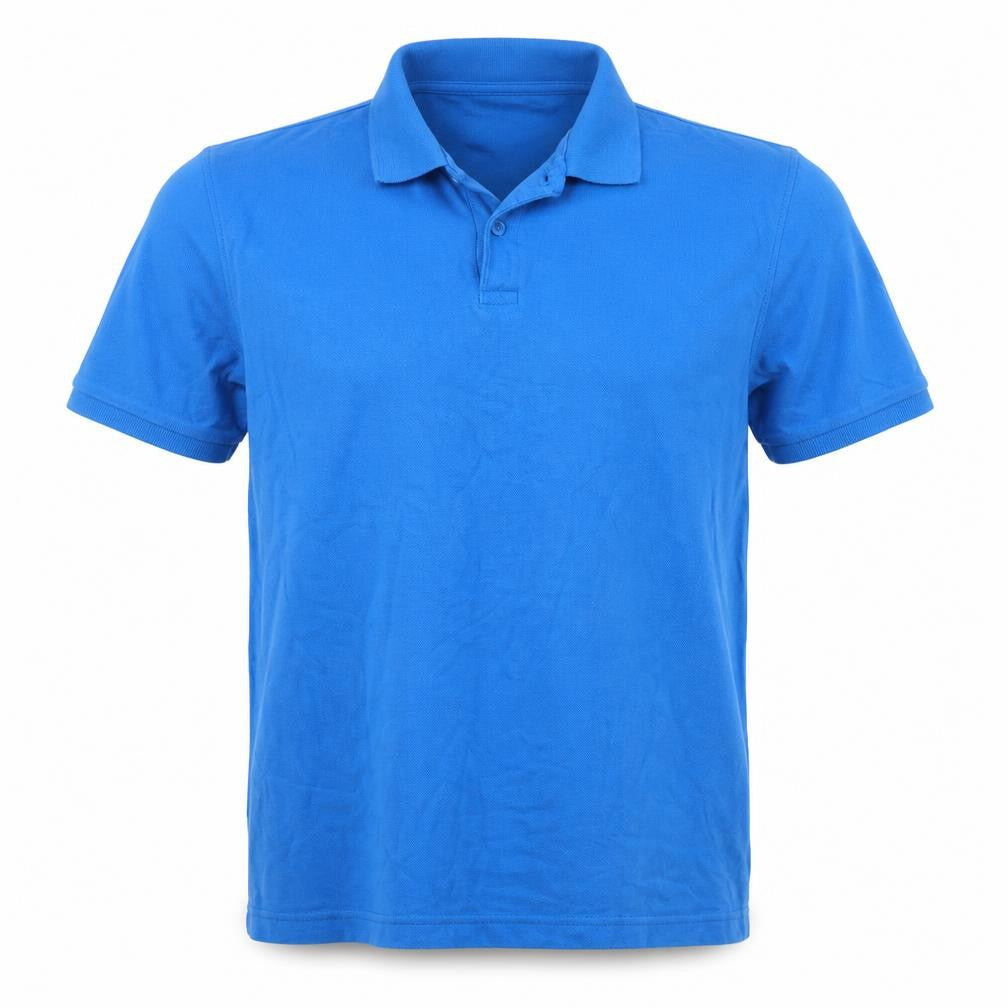 Front view of Cedarwood State men’s blue polo, size M