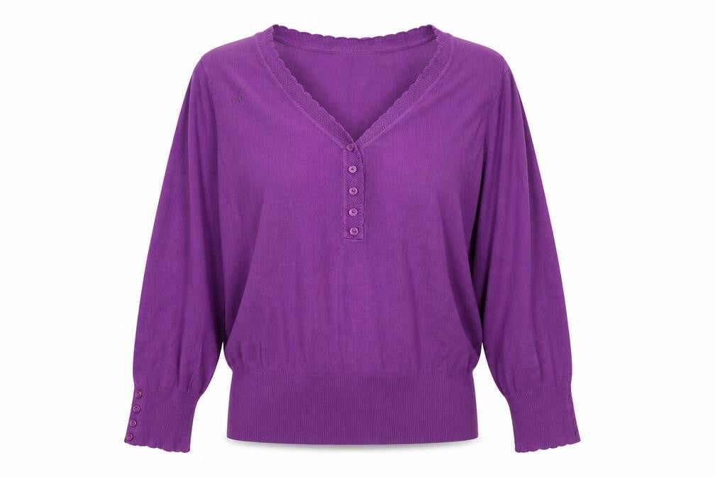 Front view of Marks & Spencer women’s purple jumper, size UK 14