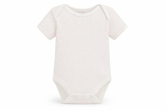 Front view of First Wish Baby White Polka Dot Babygrow One-Piece, size 0-3, Months