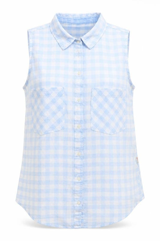 Front view of Bershka women’s blue check basic button-up, size S